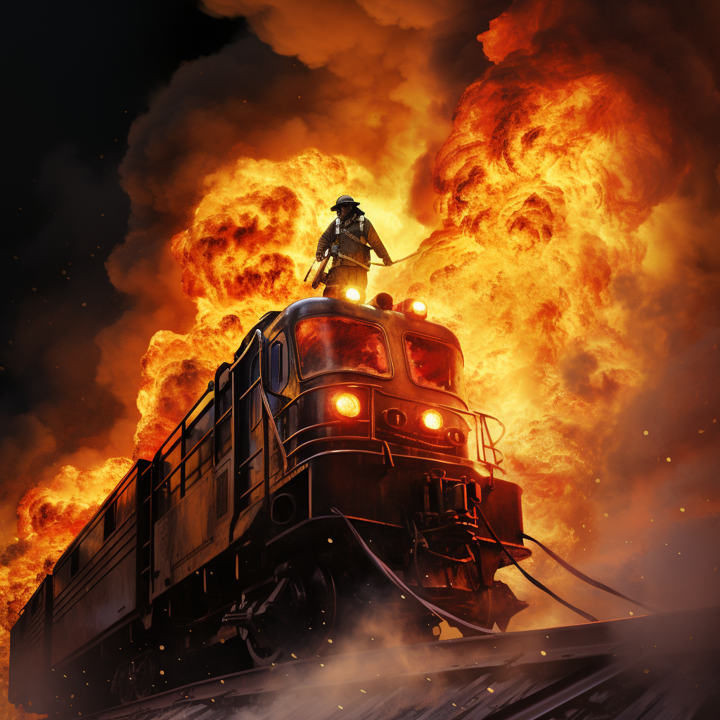 Firefighter riding on top of a burning train