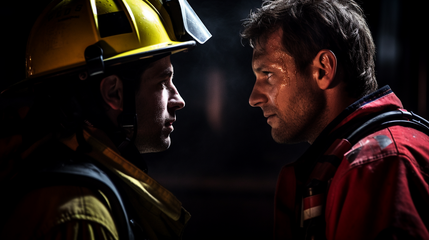 Two firefighters in intense conversation