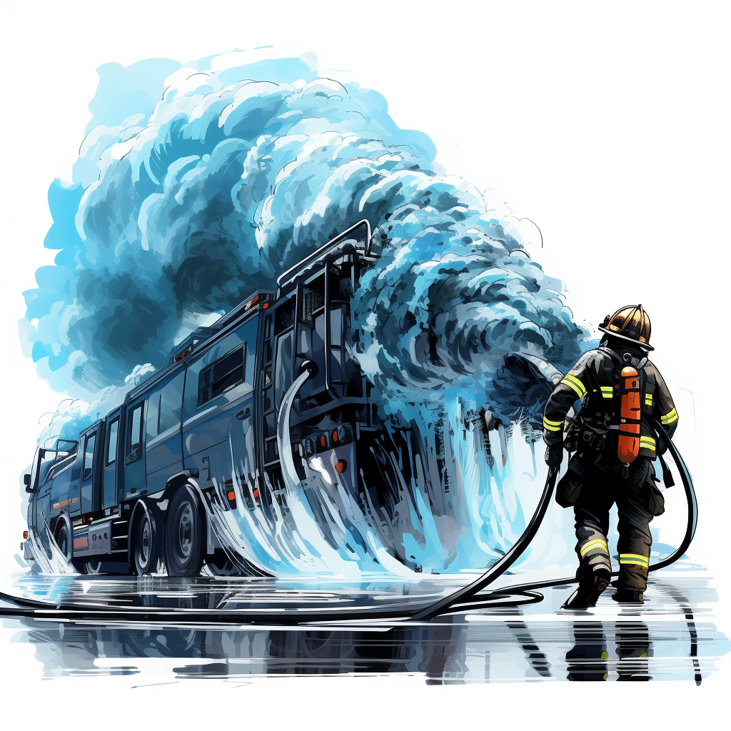 Firefighting hoses and nozzles spraying fire