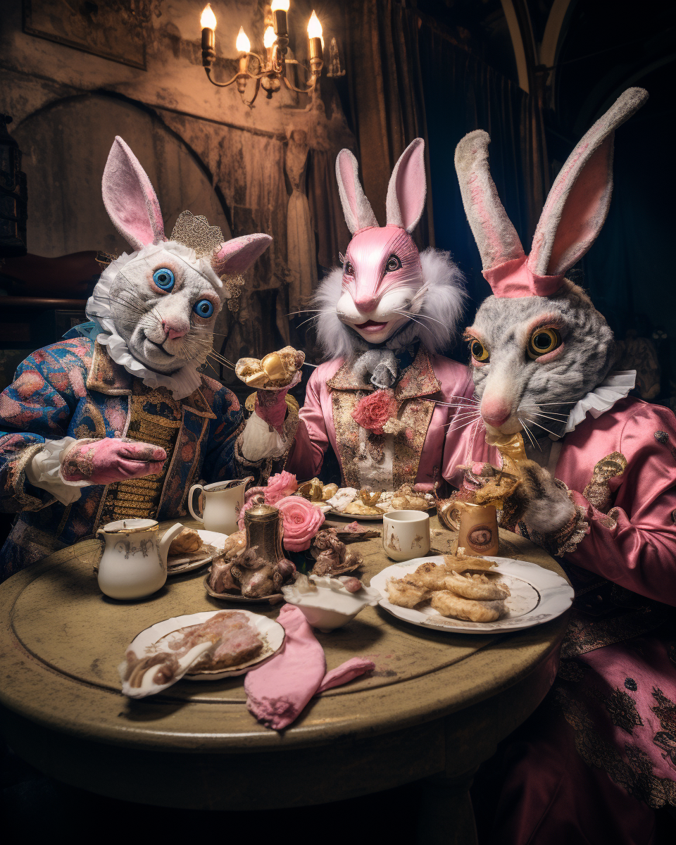 Bizarre carnival characters at a tea party