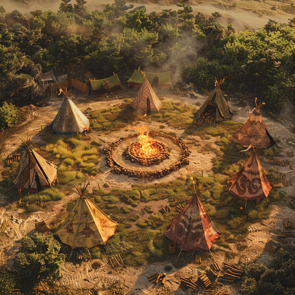 Medieval tents surrounding firepit circle