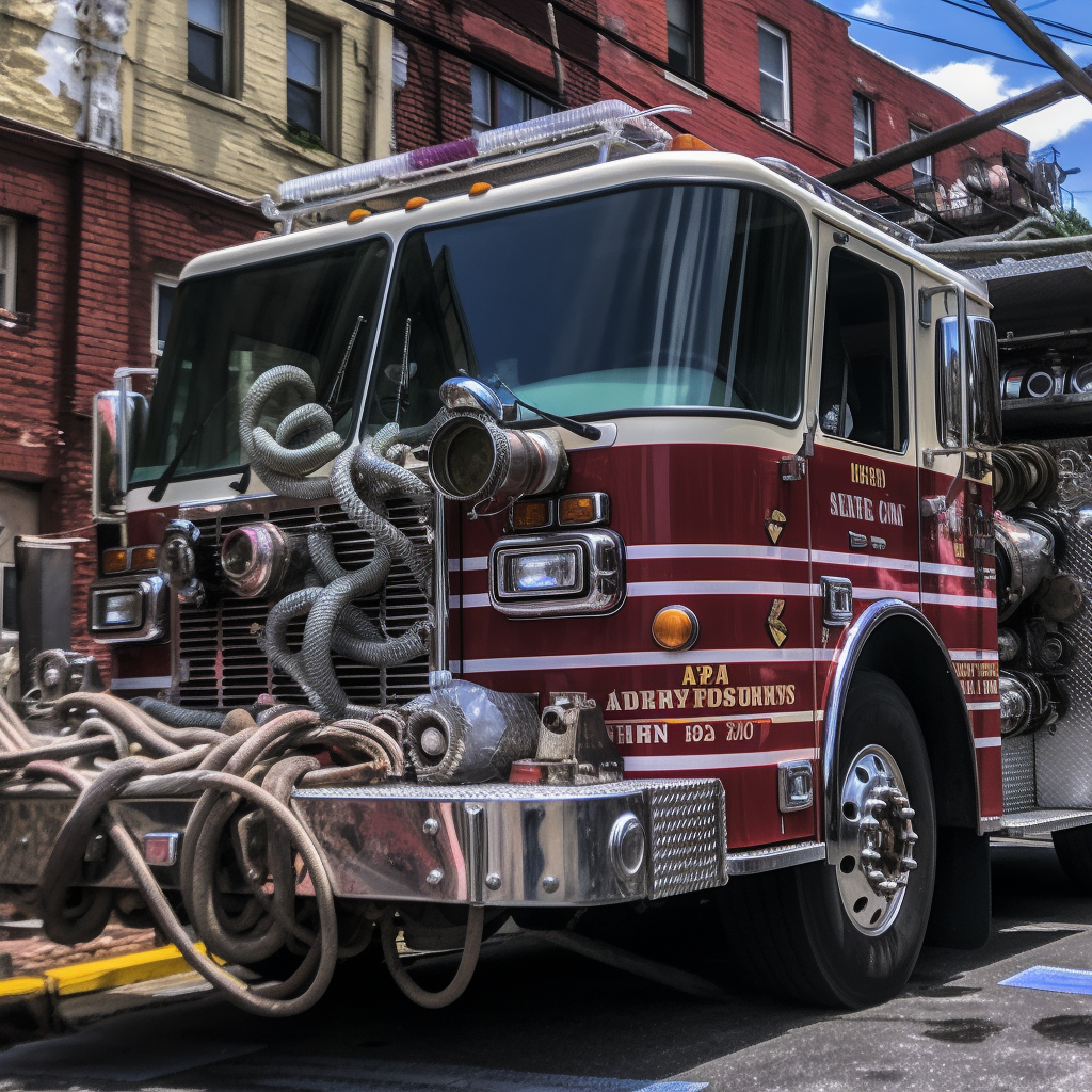 Firetruck with multiple hoses spraying water