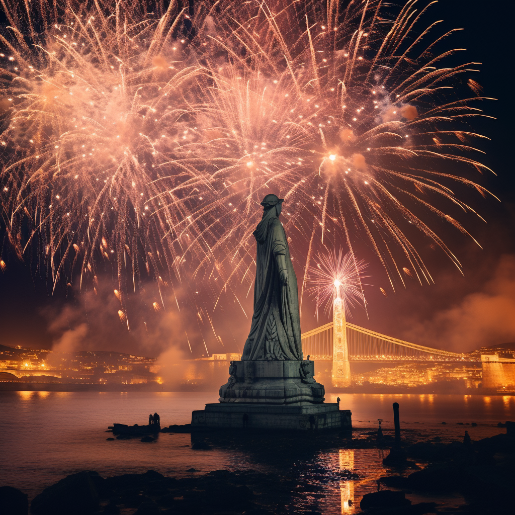 Beautiful Fireworks in Lisbon at Night