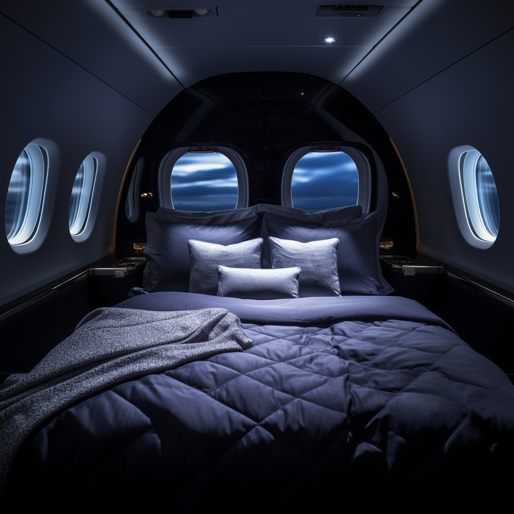 First class plane flight bed with dark gray blanket and navy blue sheet