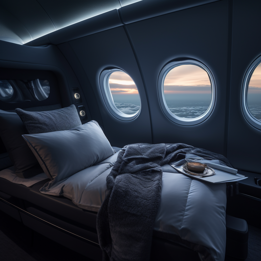 Luxurious first class flight bed with view outside