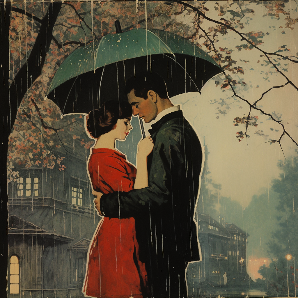 Romantic rainy day illustration from the 1960s