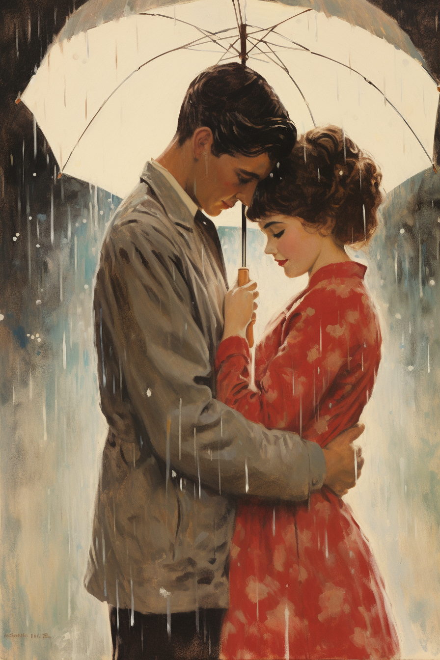 Romantic couple embracing on a rainy day