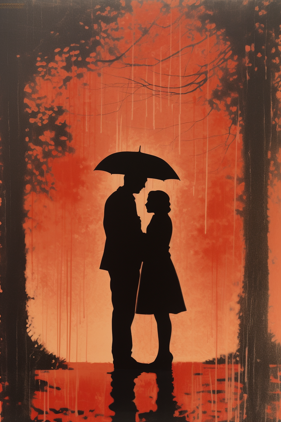 Silhouette of first love on a rainy day in the 1960s