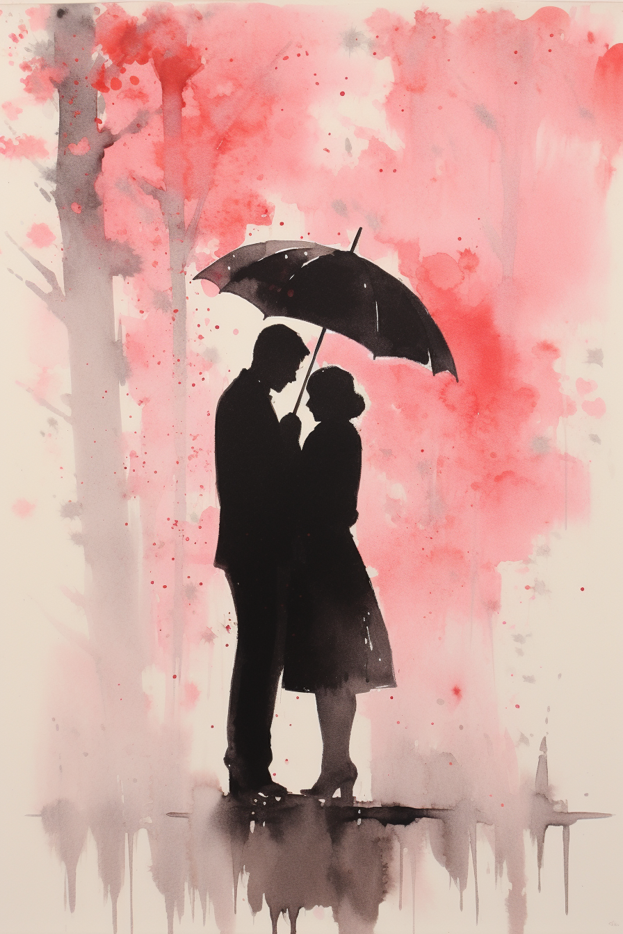 Romantic first love rainy day watercolor silhouette