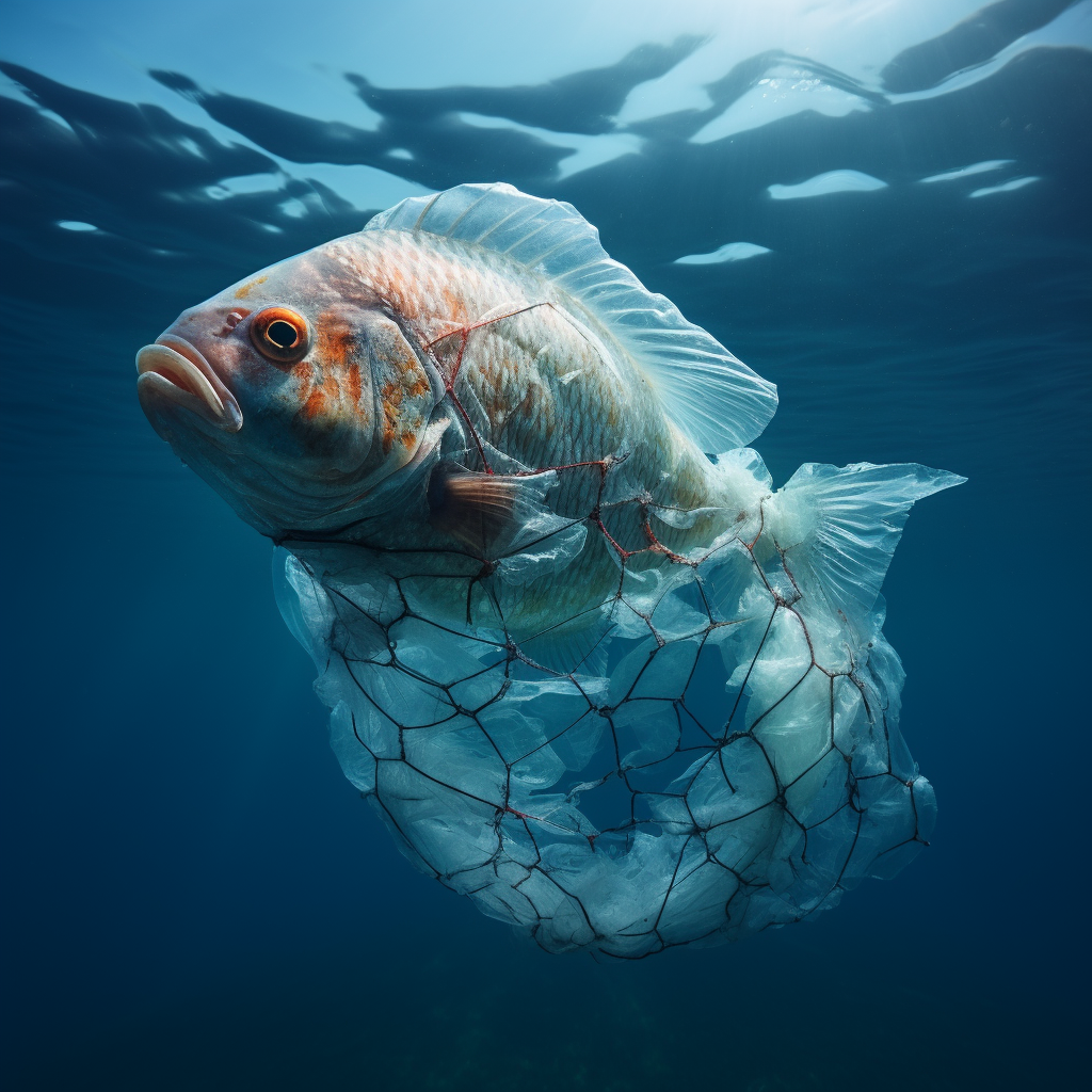 Fish trapped in plastic waste in the sea