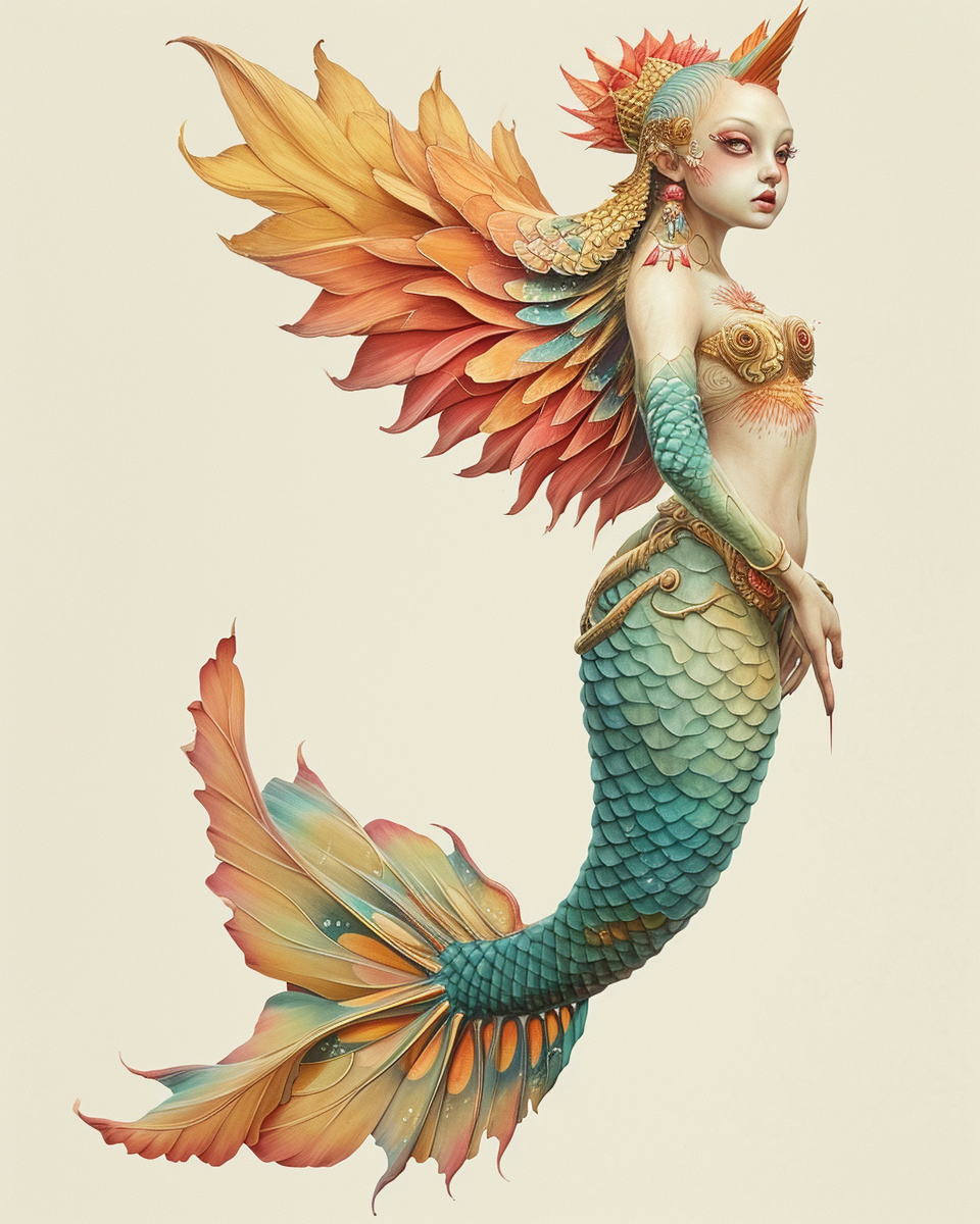 Colorful fish-woman chimera art inspired by Mark Ryden