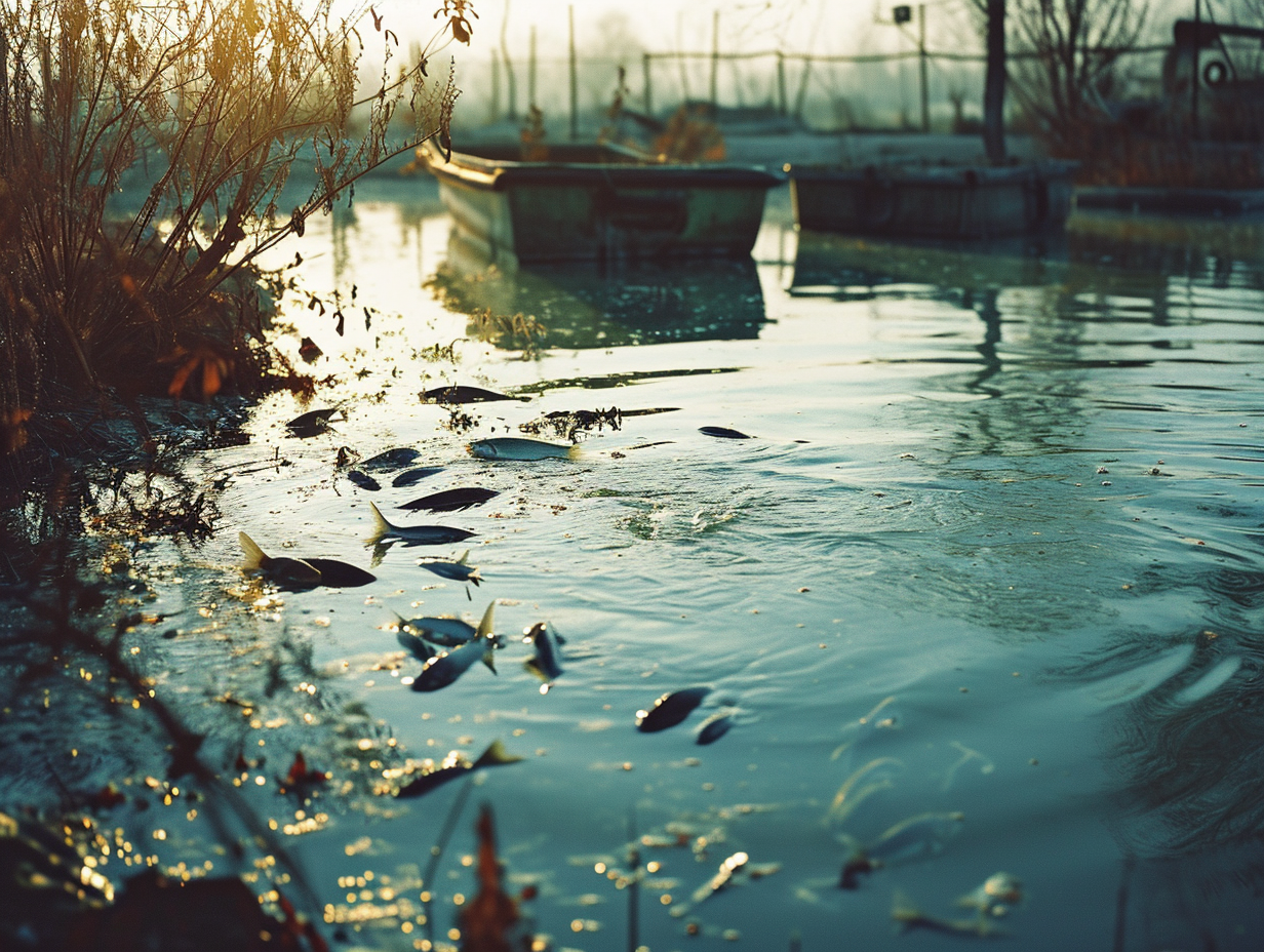 Fish farm scene with overfishing and polluted waters