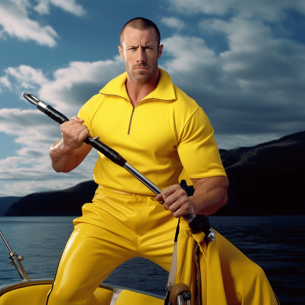 Muscular fisherman in rubber gear