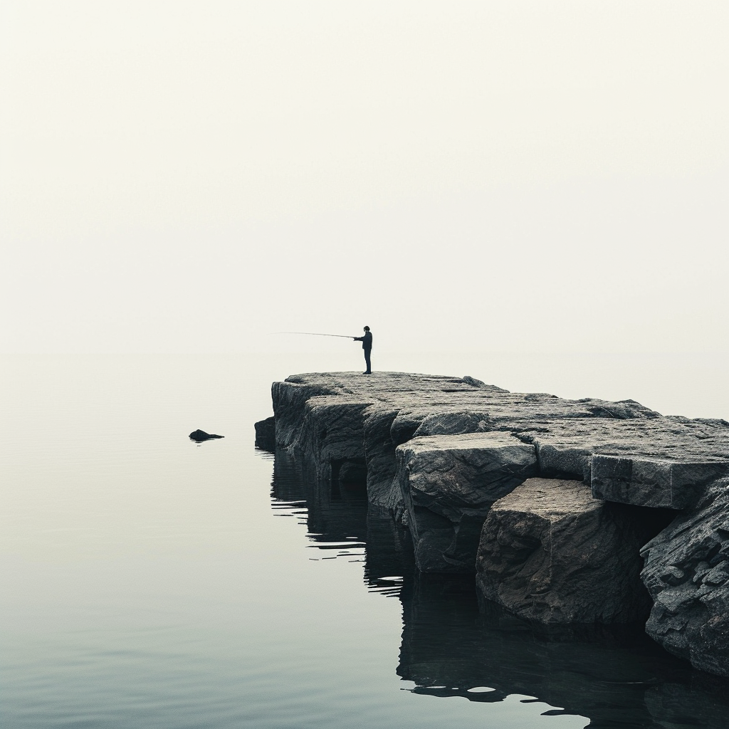 Fisherman making final cast on rock jetty