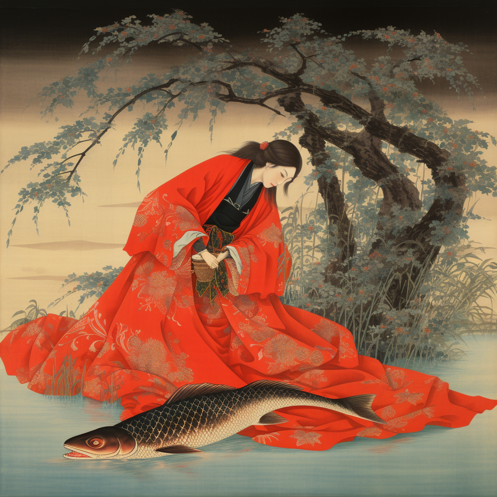 Woman in kimono with red octopus