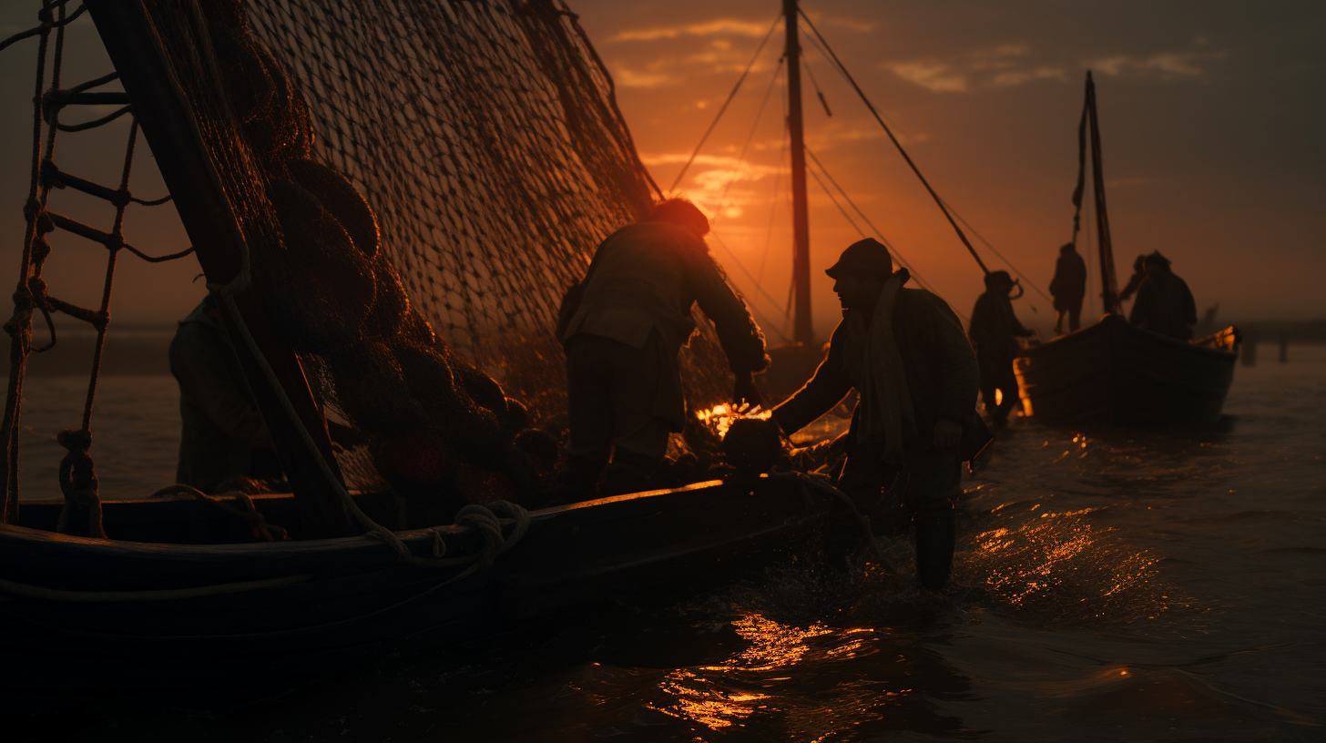 Fishermen with nets in boats