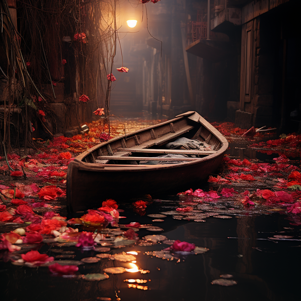 Serene fishing boat in a crimson garden