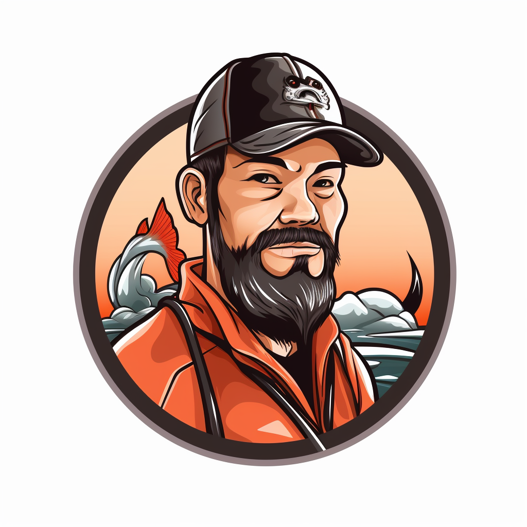 Asian man with fishing gear shop staff sticker logo