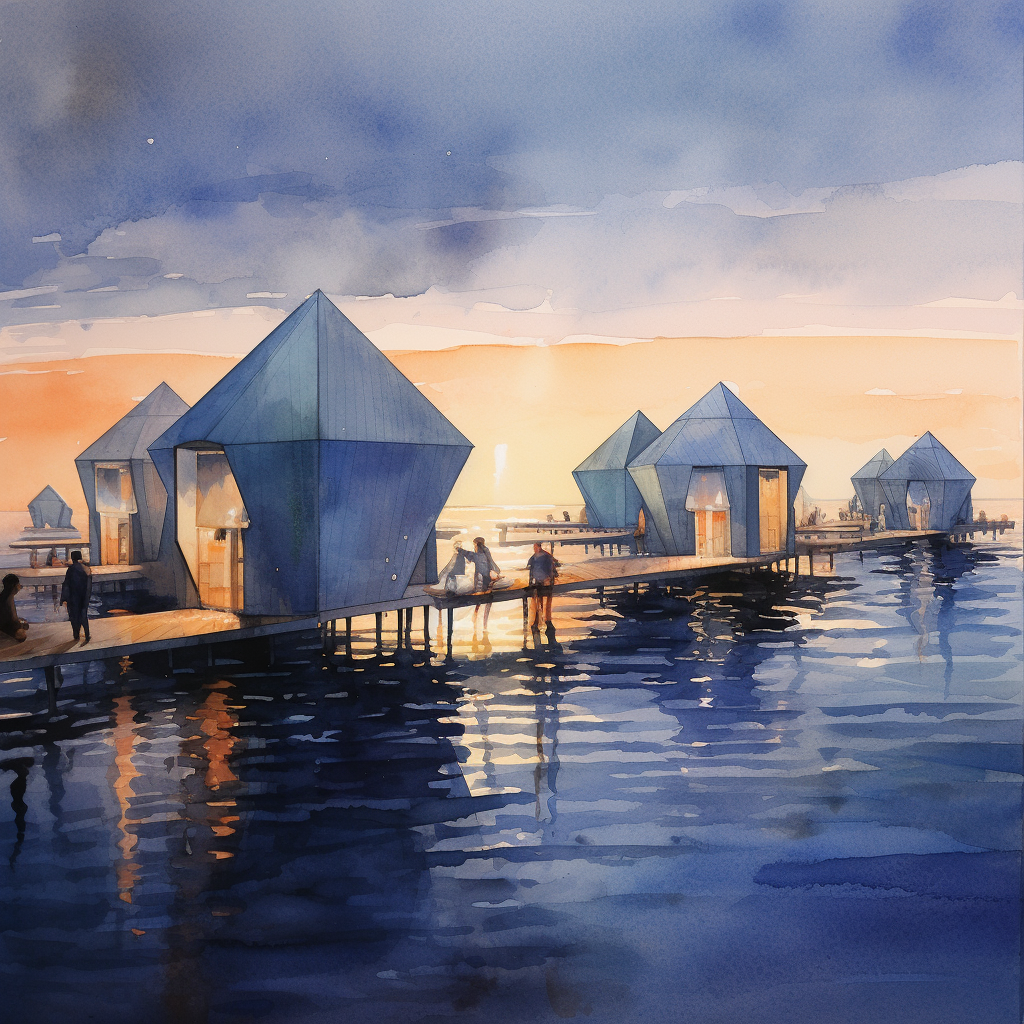 Architectural watercolor of seaside fishing hut and ziggurats