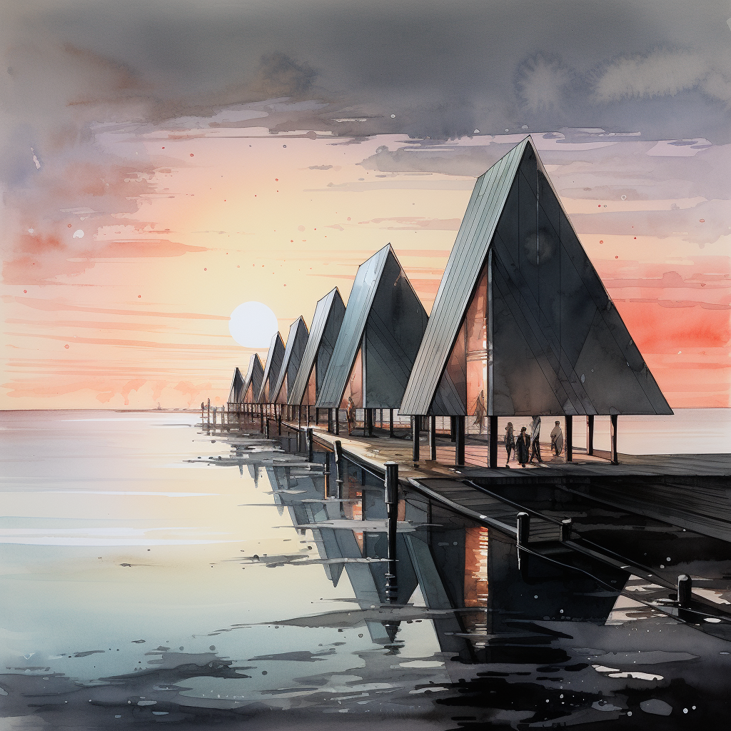 Architectural rendering of seaside view with metal ziggurats