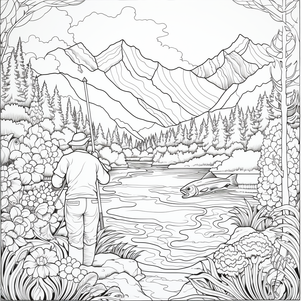 Adult coloring page of a man fishing with a trout