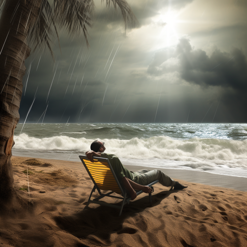 Fit man sunbathing on beach in rainstorm