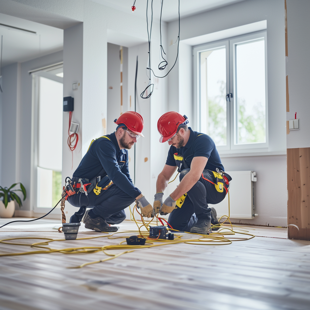 Fit electricians installing smart home solutions with safety gear