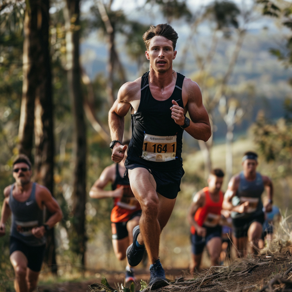 Fitness competitors running uphill