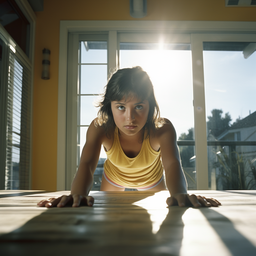 Teen girl doing push-ups in fitness studio