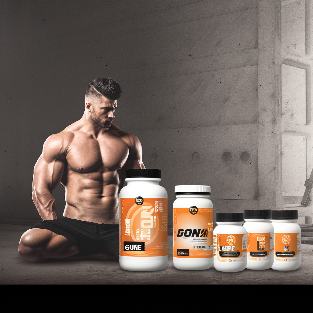 Two fitness supplements with bodybuilder and orange branding