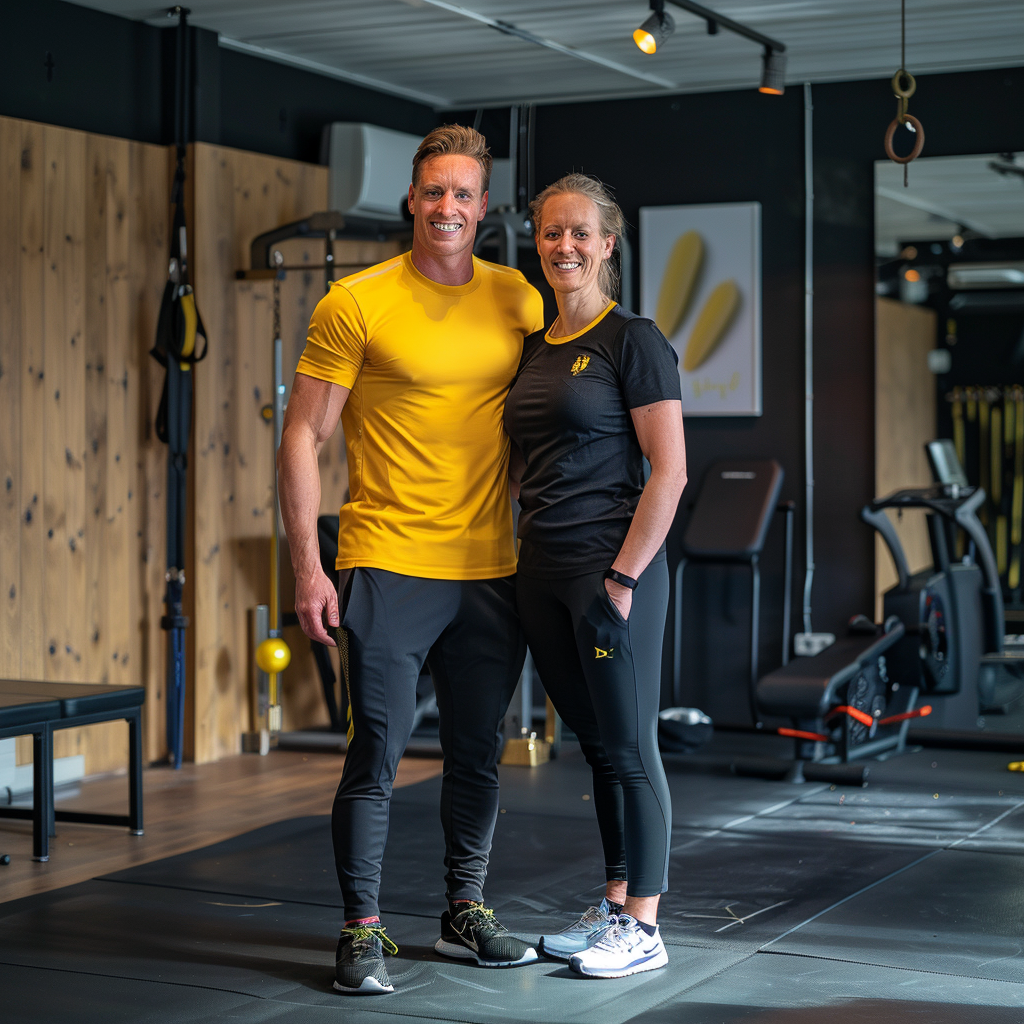 Dutch fitness trainer with client smiling at gym