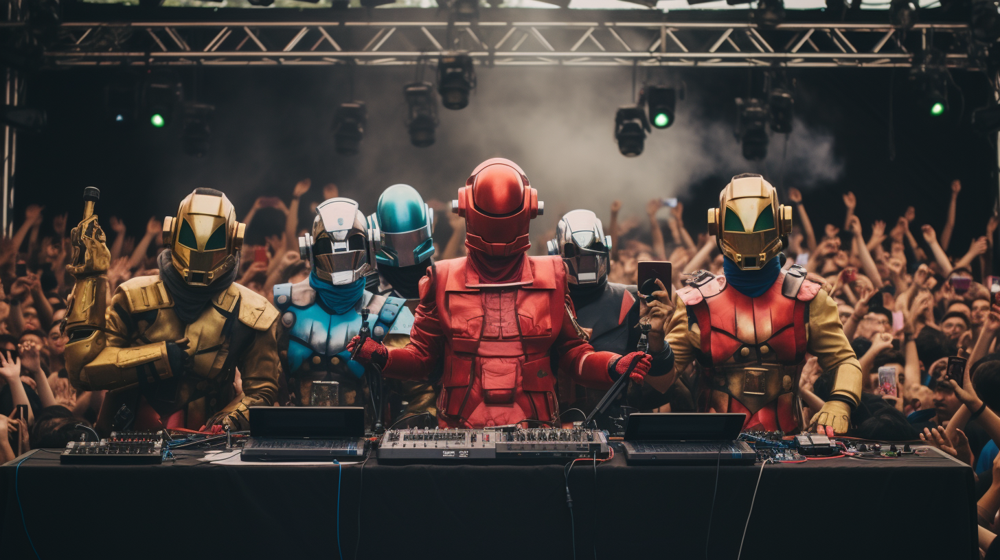 DJs wearing colorful helmets on stage