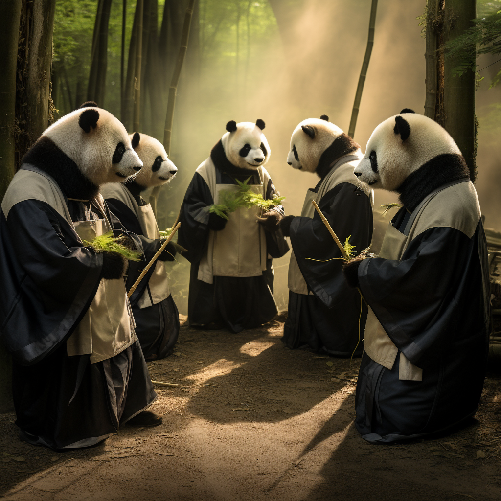 Five adorable pandas dressed as rabbis in a bamboo forest