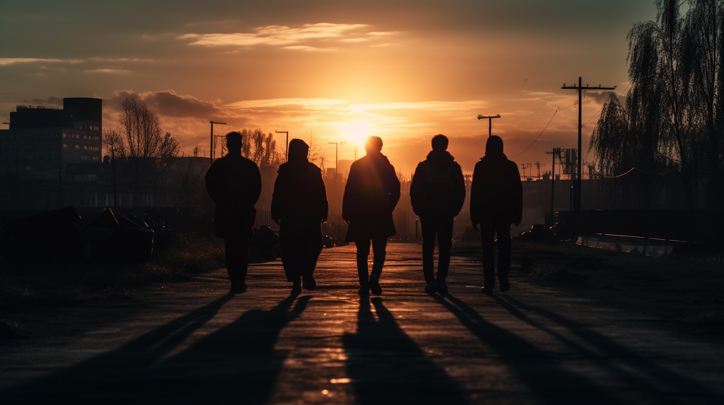 Group walking towards sunset in city