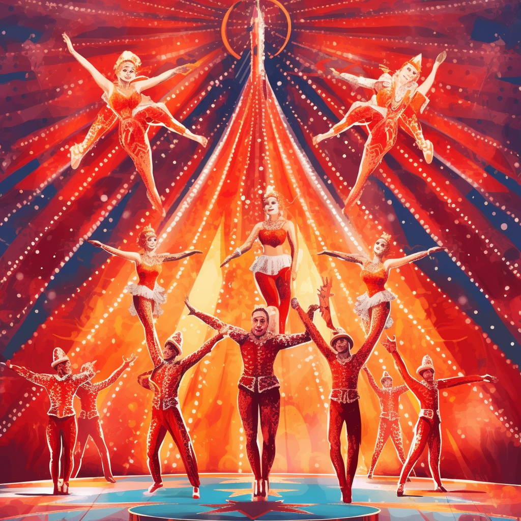 Realistic acrobat troupe in flamboyant costumes