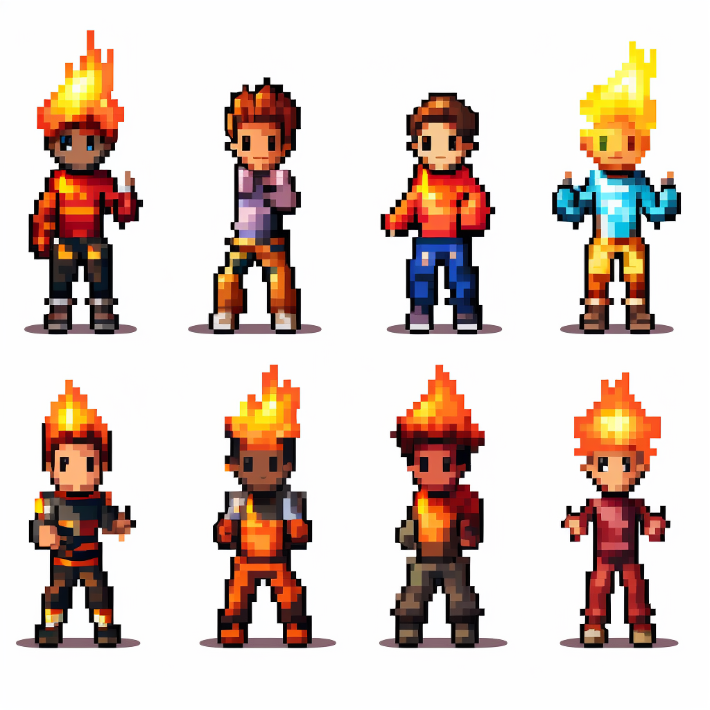 Flame Pixel Art Character in Jeans and Sneakers