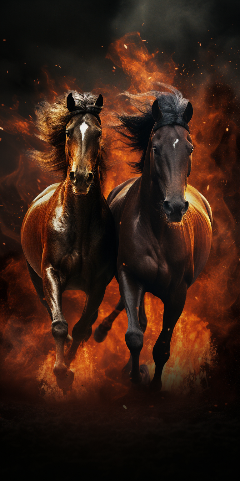 Flaming horses galloping in dark realism