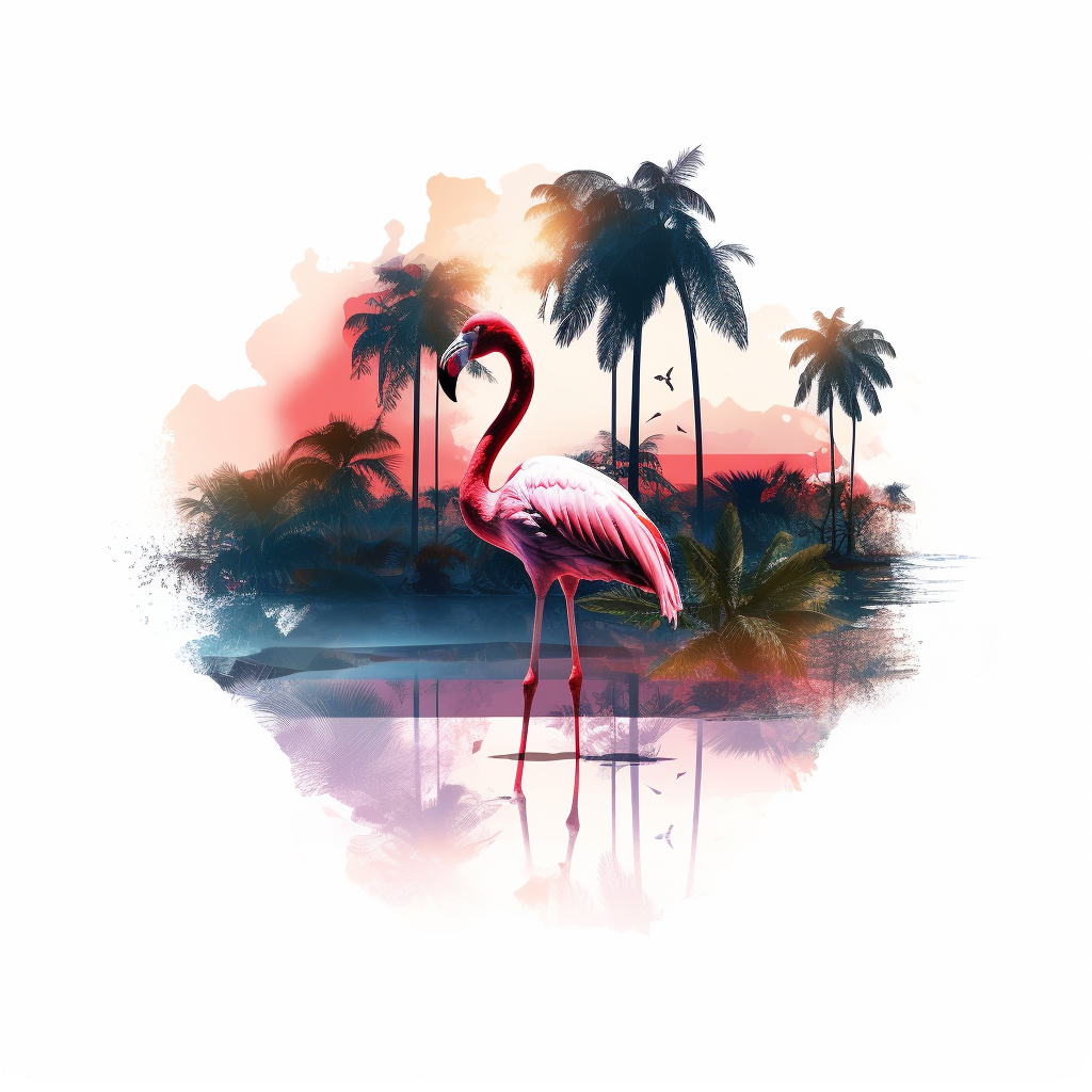 Double Exposure Flamingo Silhouette with Tropical Forest and Beach