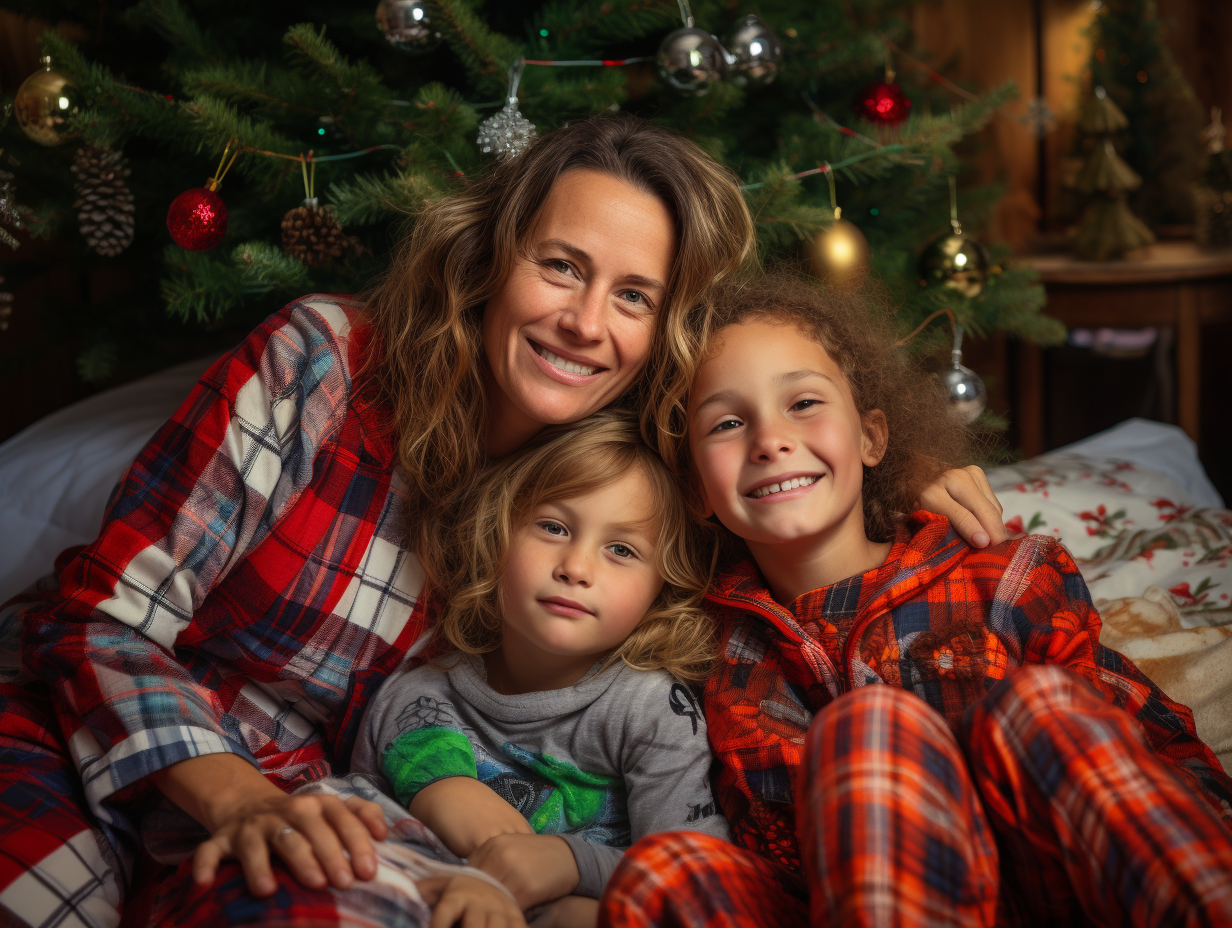 Cheerful family in flannel pajamas with Christmas tree