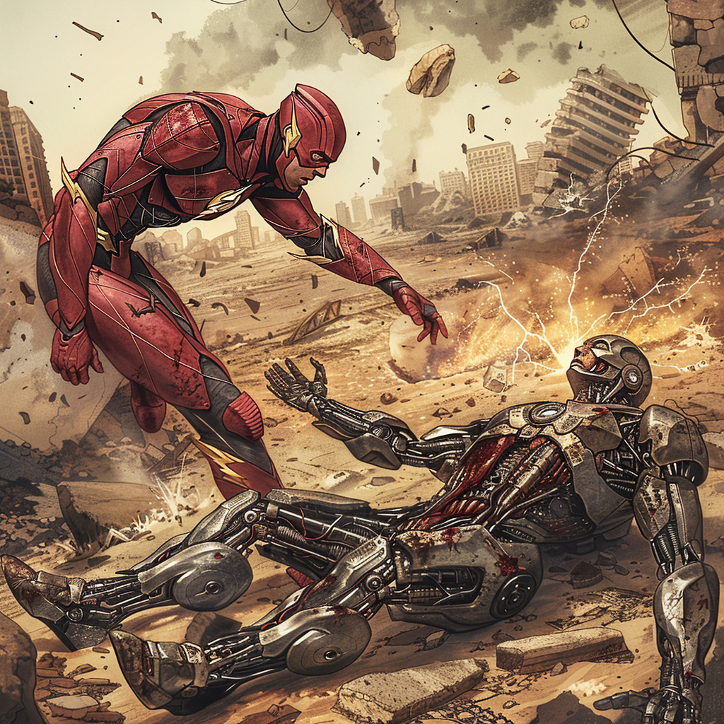 Flash dragging cyborg in post apocalypse