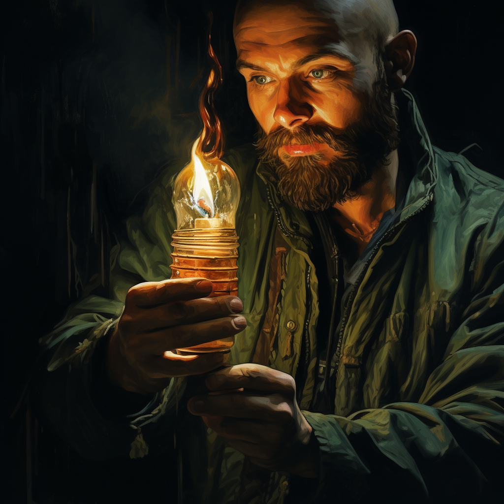 Man illuminating extinguished candle with flashlight