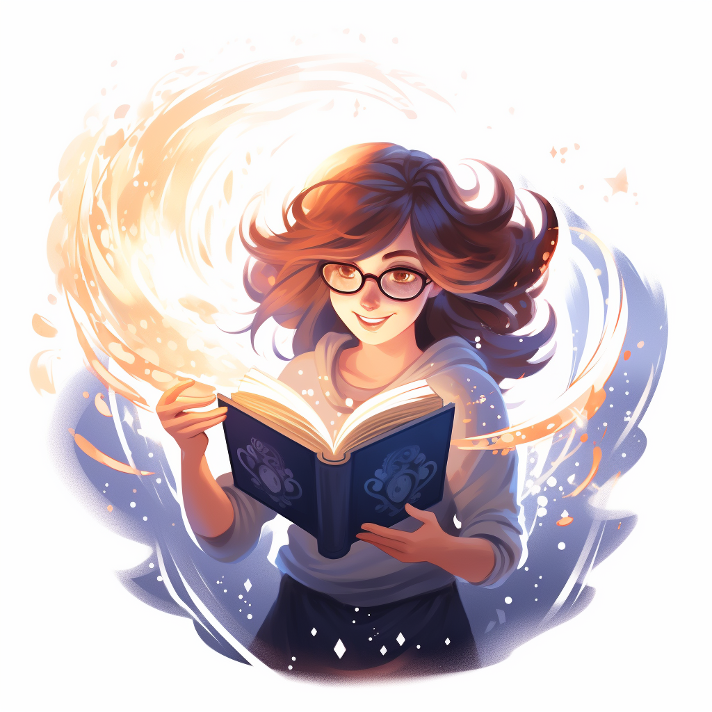 Flat 2D Pixar Style Character Woman Reading Magic Book