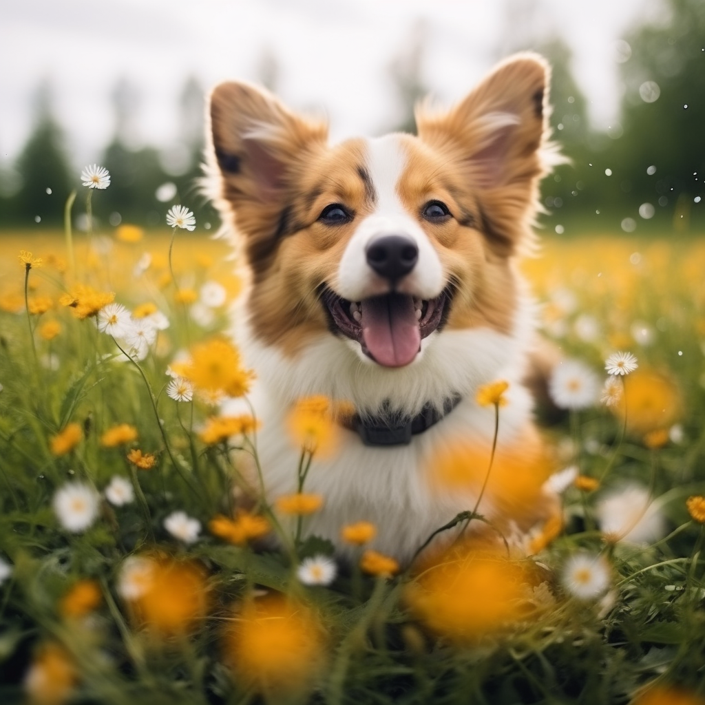 Cute Flat Ear Corgi in Dandelion Field