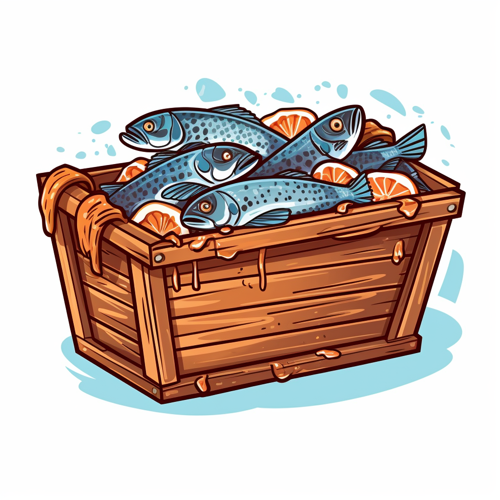 Fresh fish in wooden basket on ice