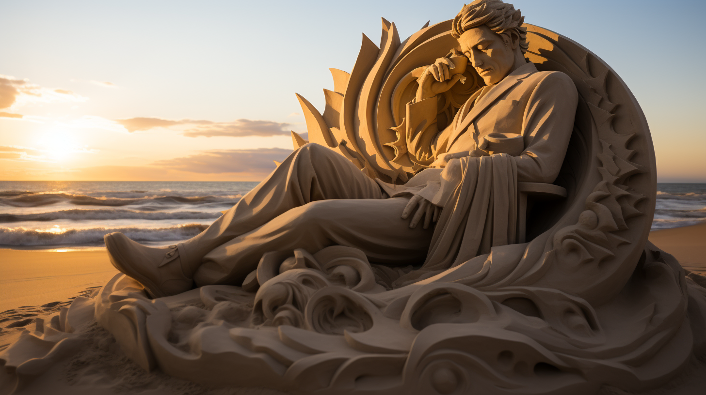 Man relaxing on sand sculpture at evening beach