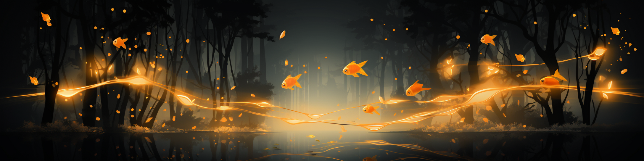 Flat trees with glowing goldfish