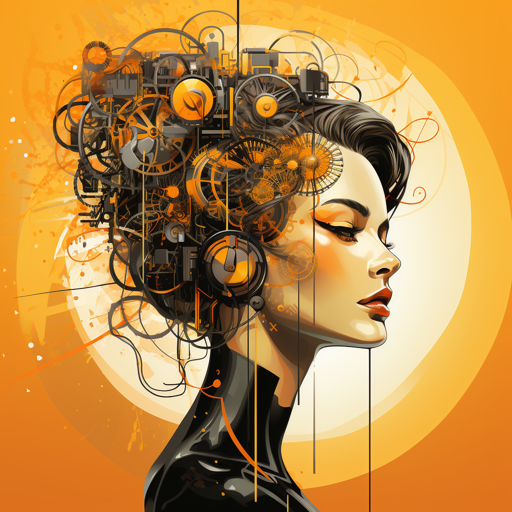 Woman with Gears in Orange Background