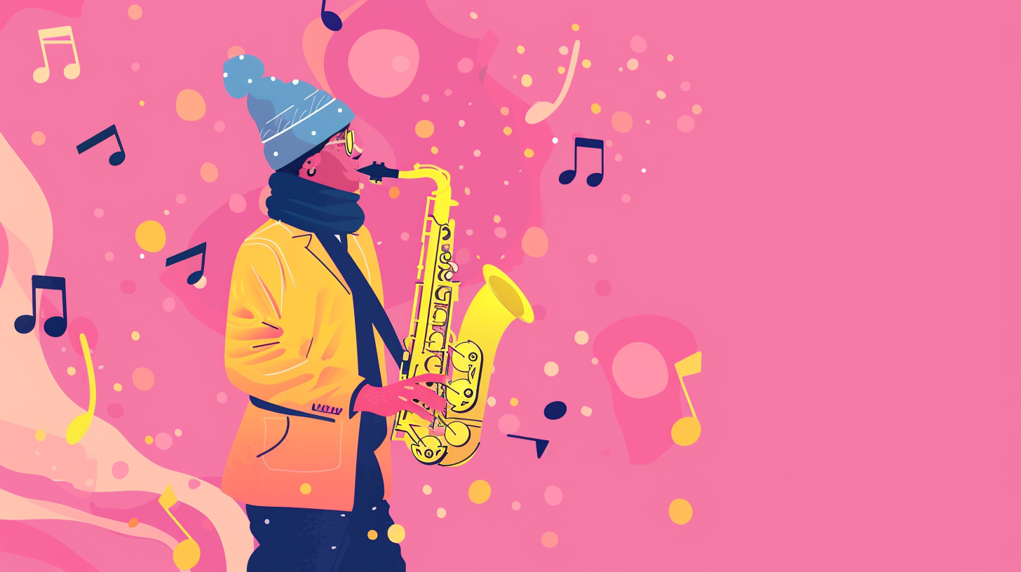 flat character playing saxophone with music notes