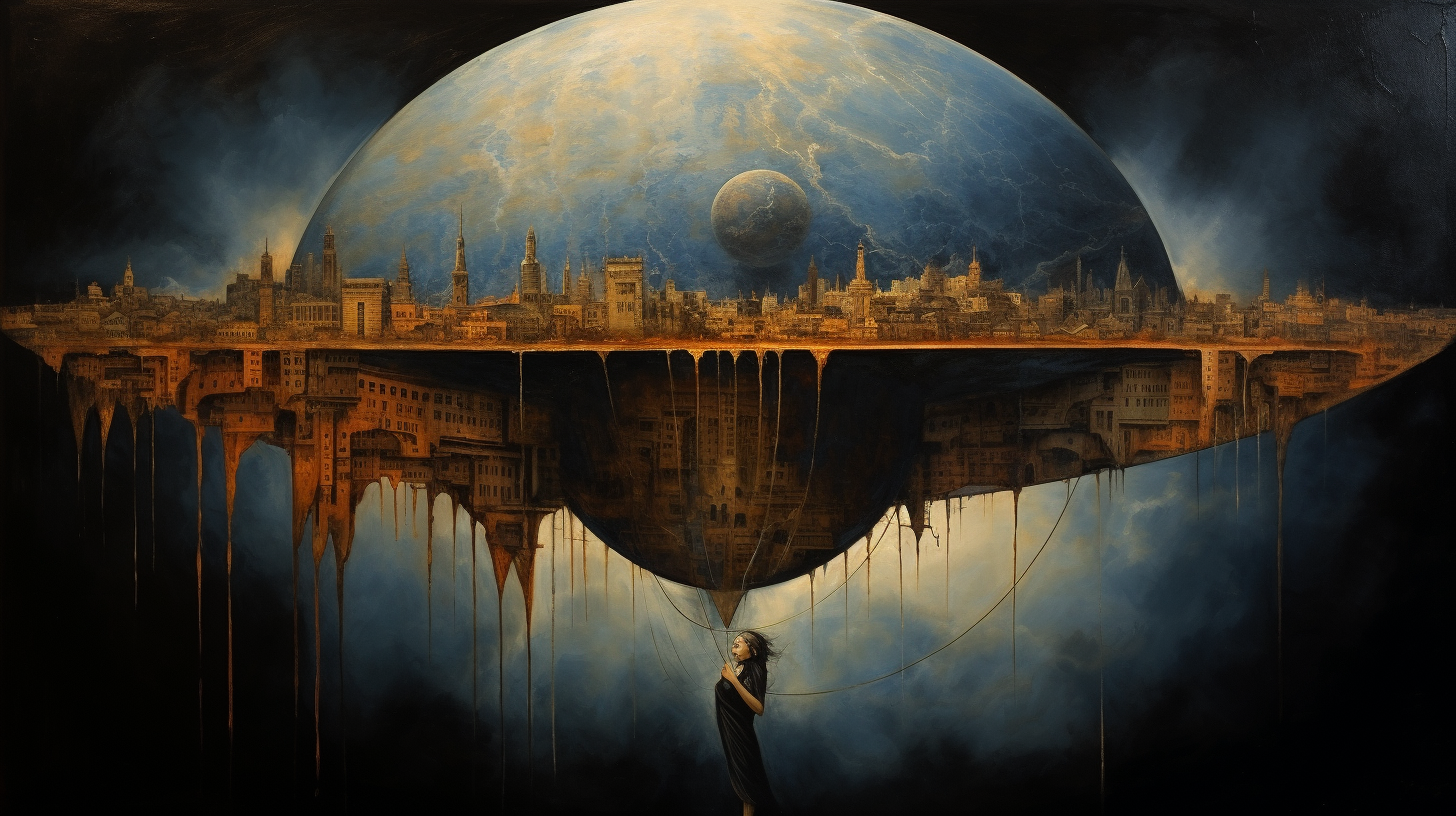 Immersive oil painting of the flat earth and its twin