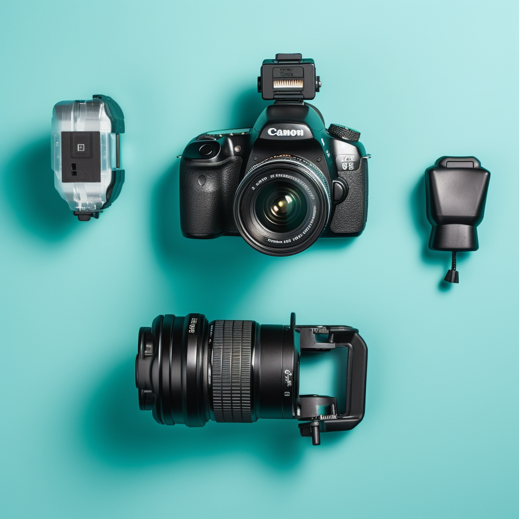 Flatlay product photo DSLR camera speedlight teal background